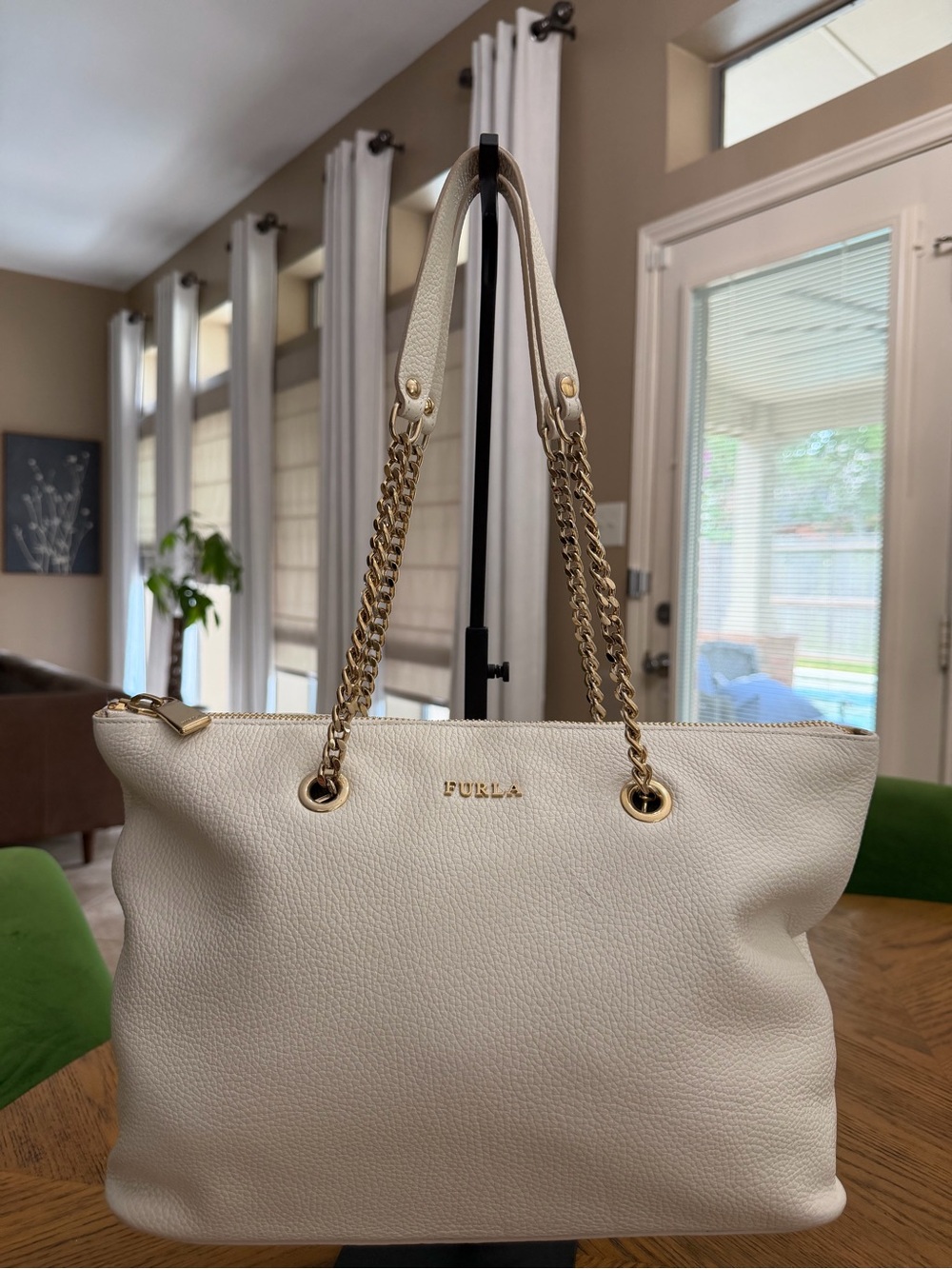 Furla Julia Large Leather Chain-Strap Tote in Marble/Ivory